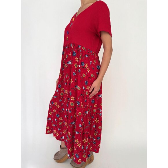 90s vintage red novelty floral print cottage kitschy ribbed casual maxi dress - Picture 3 of 9